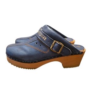 Trelleborg Blue Leather Clogs with Wooden Heel Size 38 EU Size 7 US